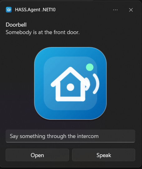 A notification as a Windows notification, with a picture, a text field and two buttons