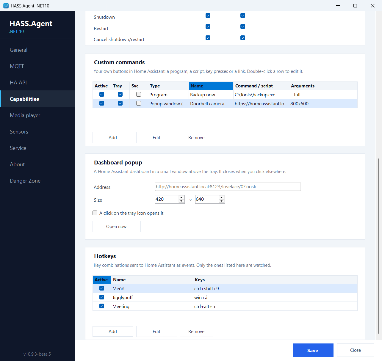 The Capabilities page with the dashboard popup settings