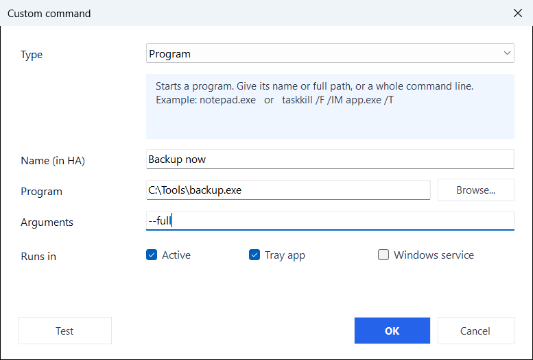 The custom command editor