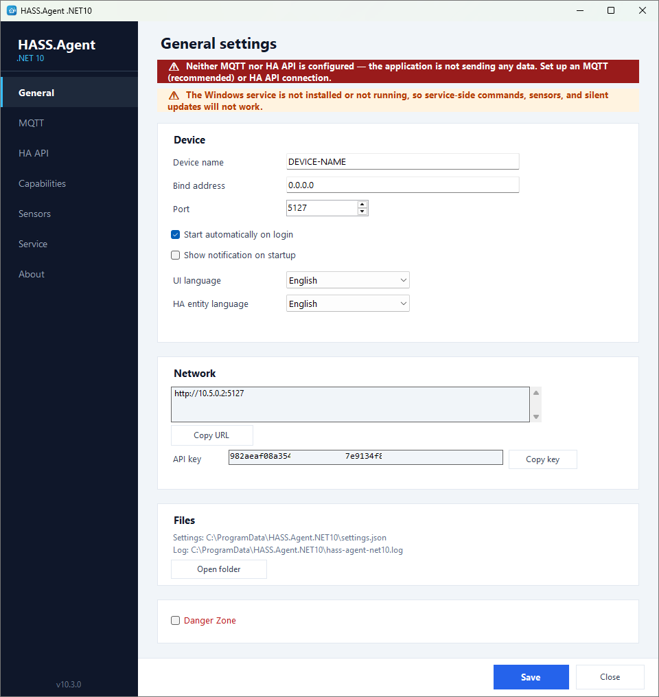General settings page