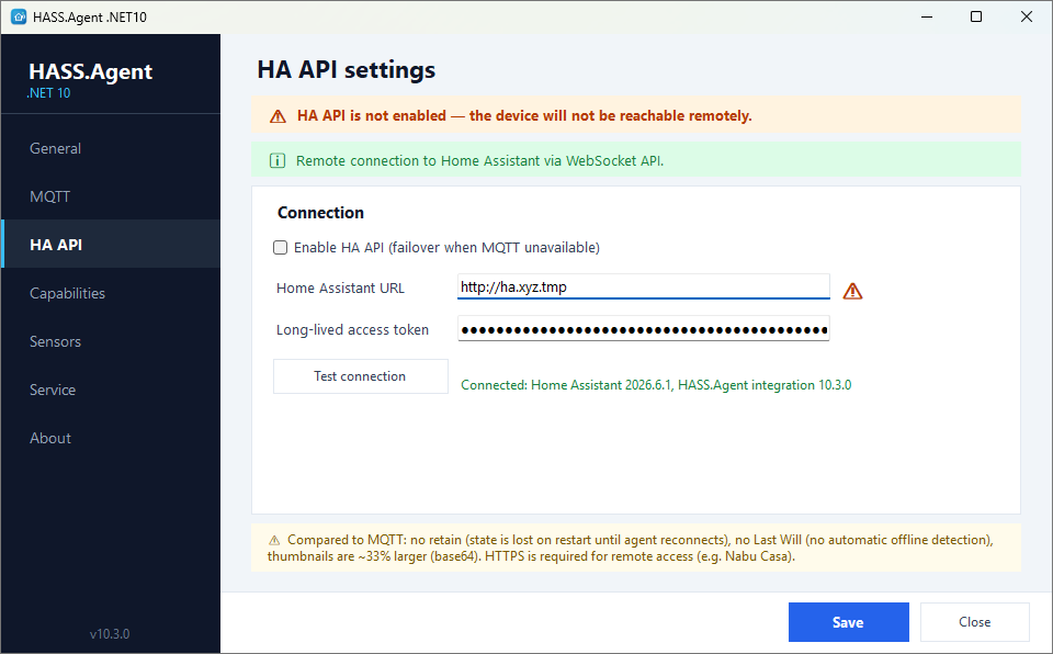 HA API settings page