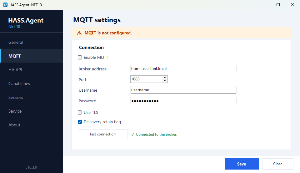 MQTT settings page